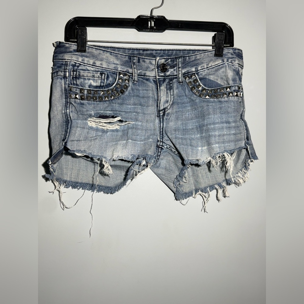 Express Blue Distressed Jean Shorts with Studs